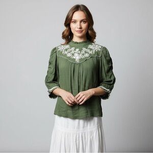 Democracy Olive Green Embroidered Yoke Peasant Top